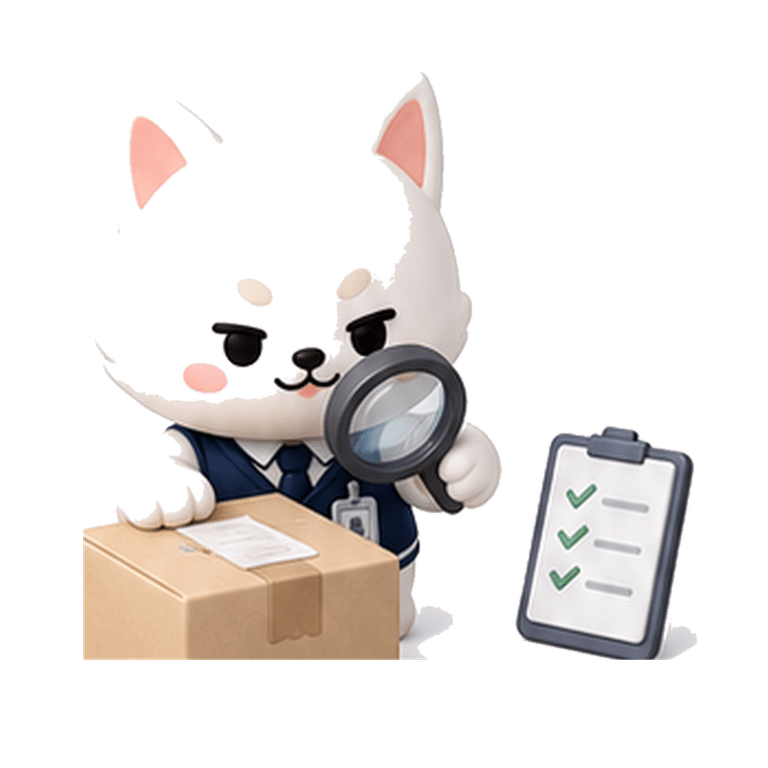 Kaddy inspecting a package with a magnifying glass